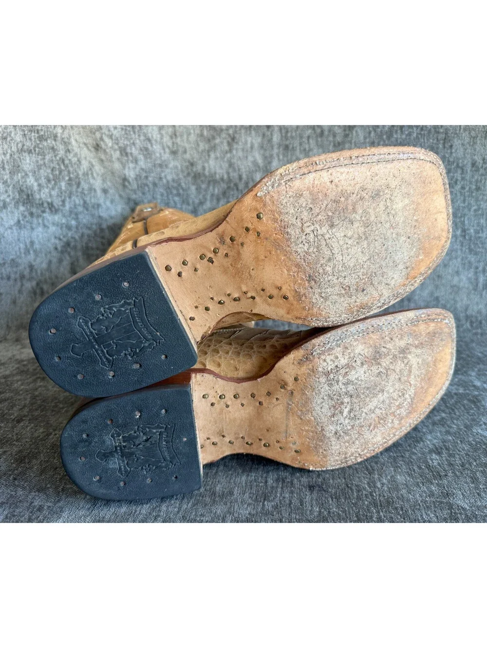 Tanner Mark Mens Cowboy Boots Size 7 Caiman Tail Print Tan Leather Square Toe